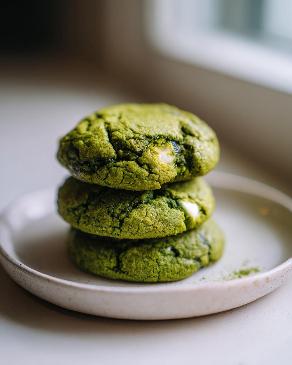 A stack of three vibrant green White Chocolate Chip Matcha Cookies on a light ceramic plate.