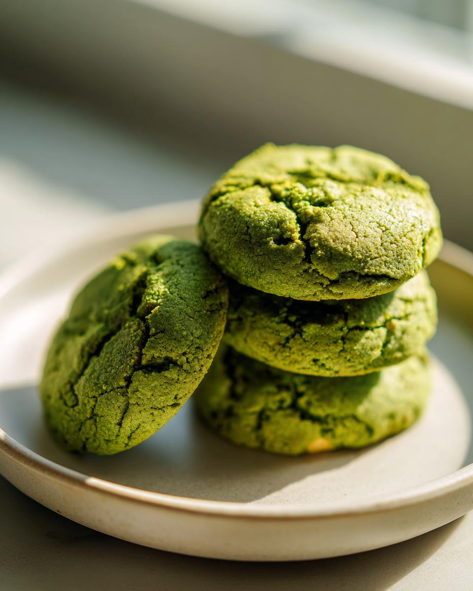 A stack of three vibrant green White Chocolate Chip Matcha Cookies resting on a light ceramic plate.